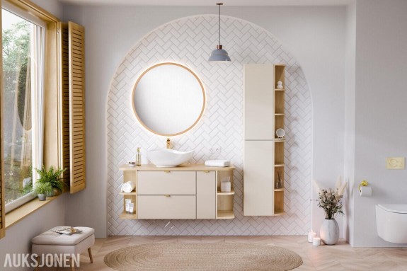  Komplett baderomsmøbelsett DALIA CASHMERE 120 cm – Cremona-eik, toppmontert servant, og gulldetaljer 